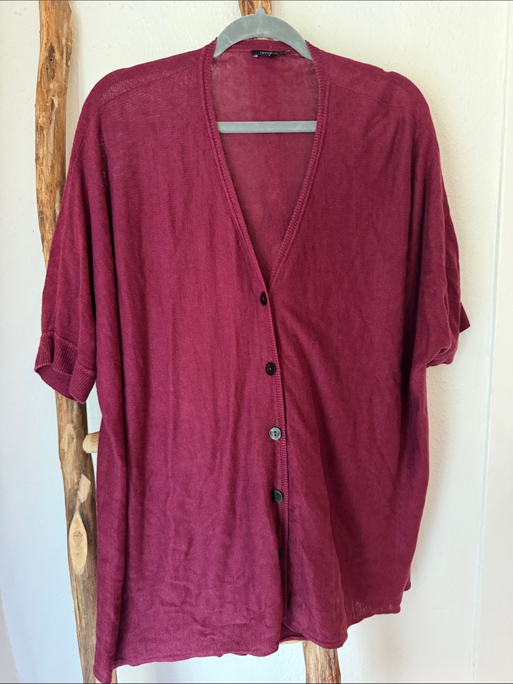 Lafayette 148 New York Burgundy Button-Front Short Sleeve Linen Cardigan M L